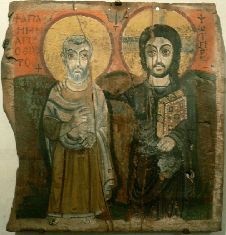 Christ and Abbot Mena, a 6th-century Coptic icon discovered at the Bawit monastery in Egypt, now in the Louvre